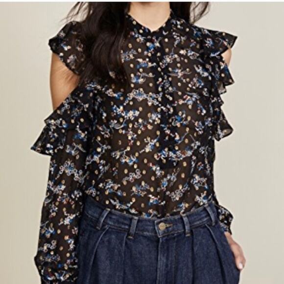 Veronica Beard Silk Metallic Floral Cold Shoulder Blouse-Size 2 - Picture 2 of 11